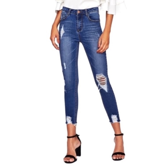 💎 Blue distressed raw hem high waisted jeans - Picture 2 of 8